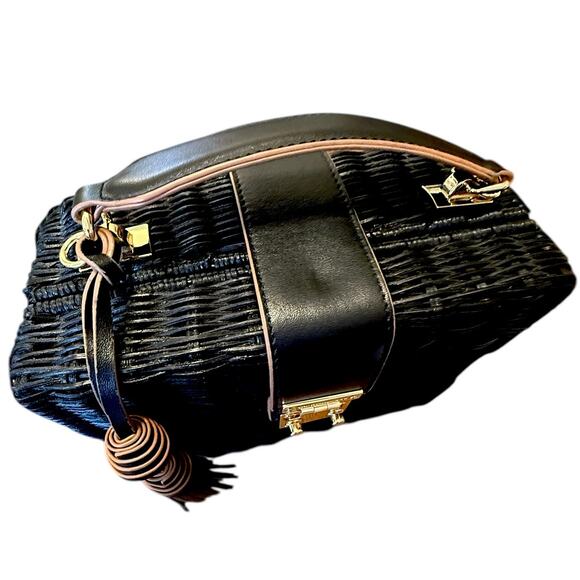 Spartina 449 Black Rattan Box Bag Leather Trim Gold Hardware Top Handle - Picture 7 of 16